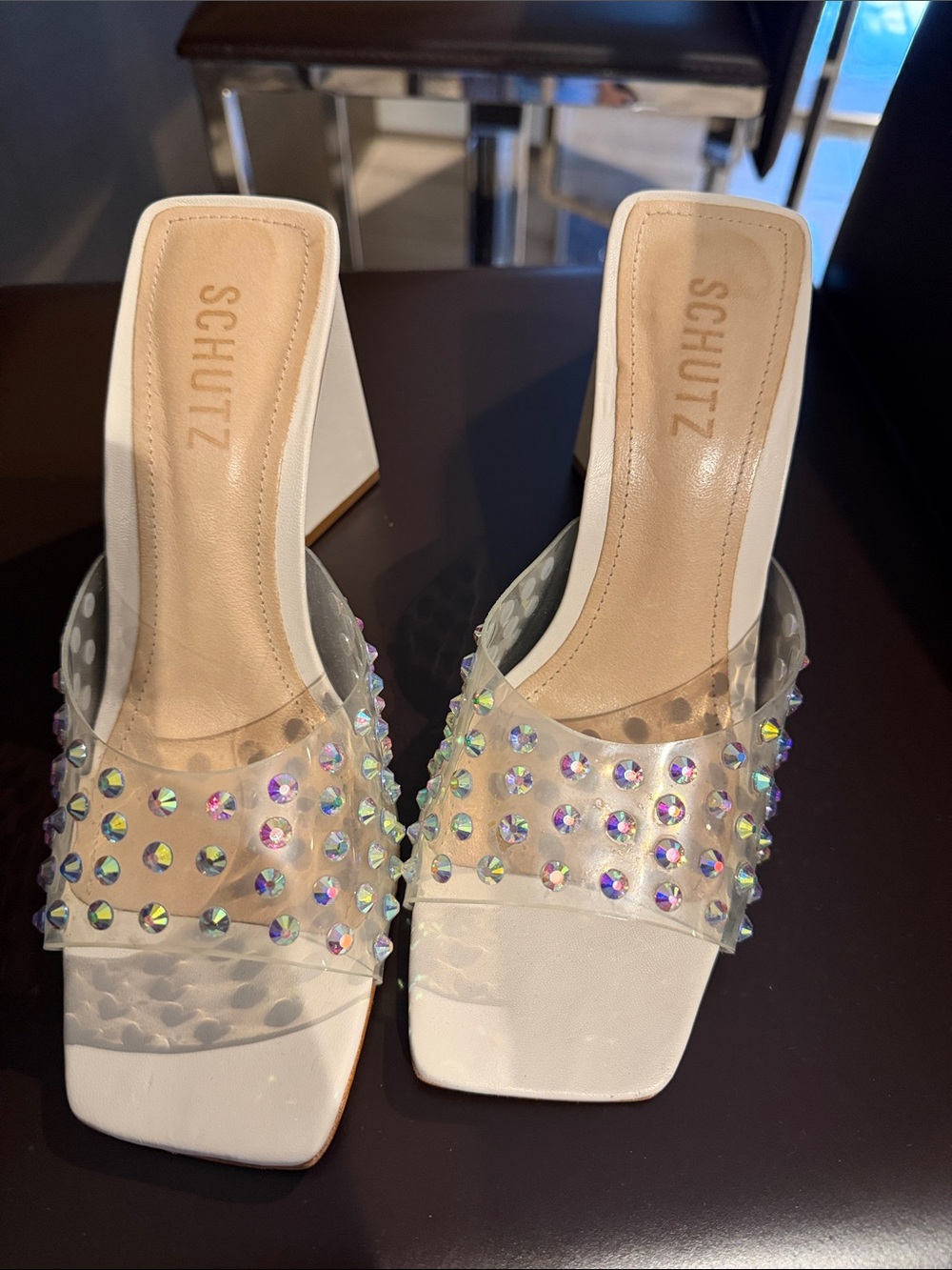 SCHUTZ White Clear Rhinestone-Studded Block Heel Mules